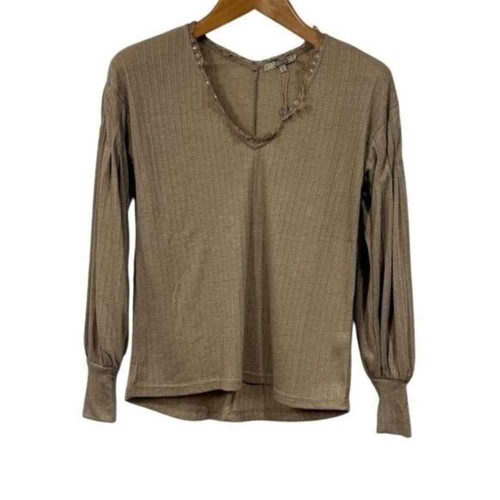 Gimmicks Womens Top Size XS Textured Long Balloon Sleeve Lace Trim Boho Casual - Picture 1 of 13